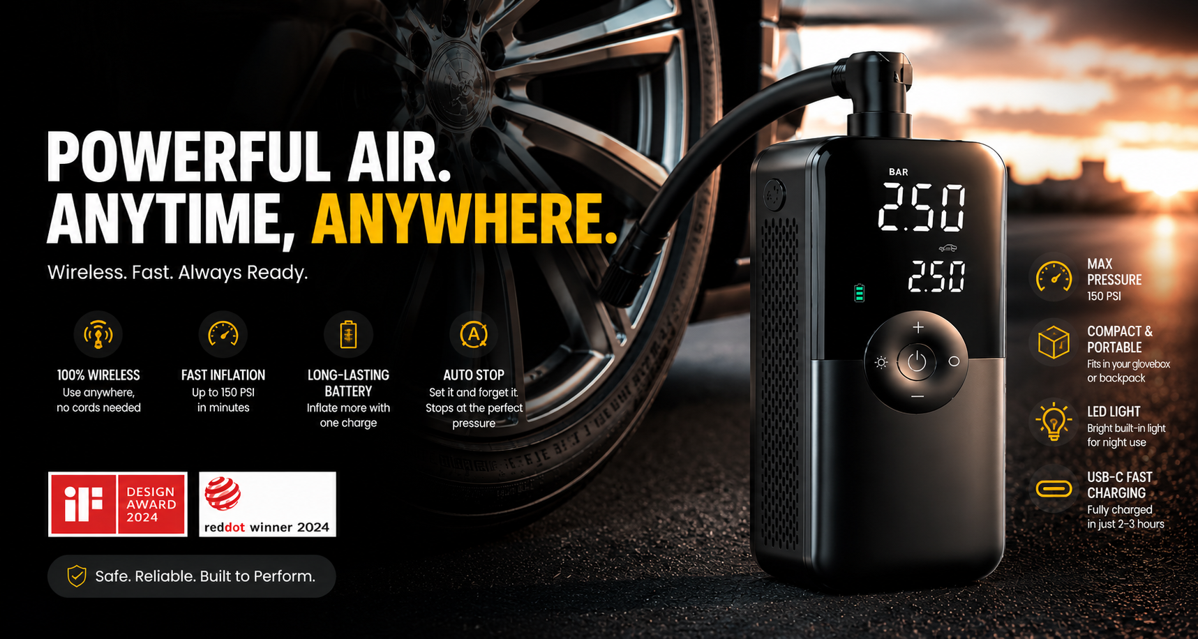 Portable air pump compressor with digital display torch and power bank