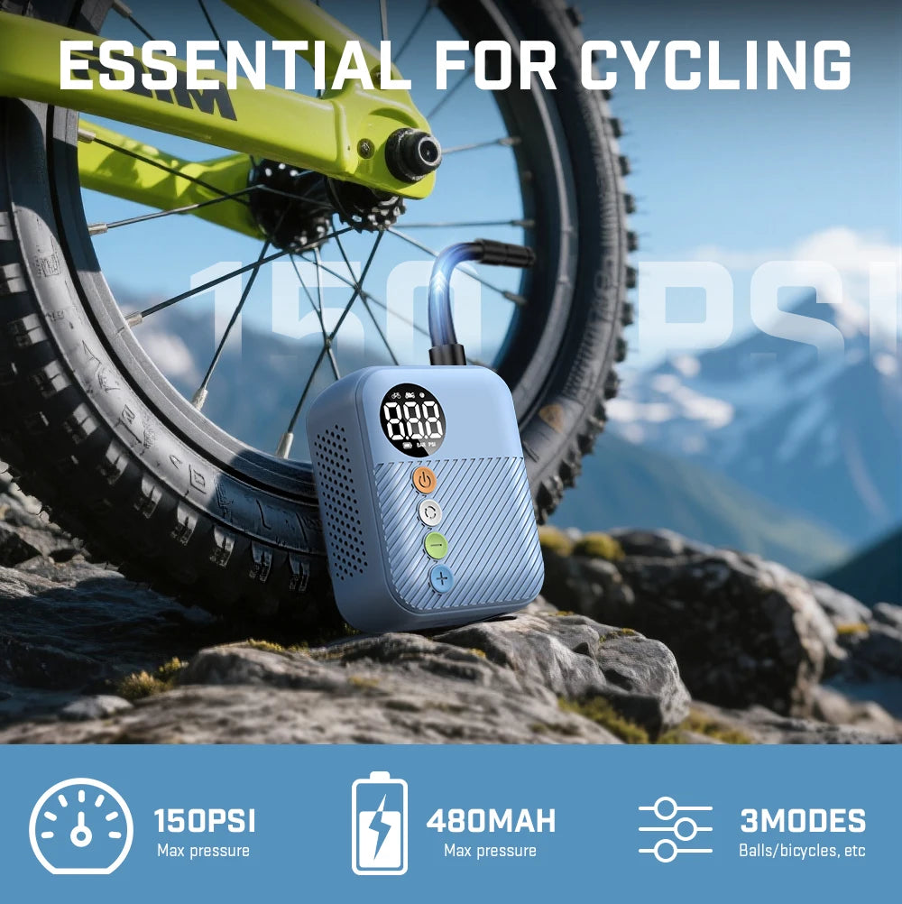 150PSI Wireless Mini Electric Bike Tire Inflator, Portable Air Pump with 480Mah Battery & Digital Pressure Display